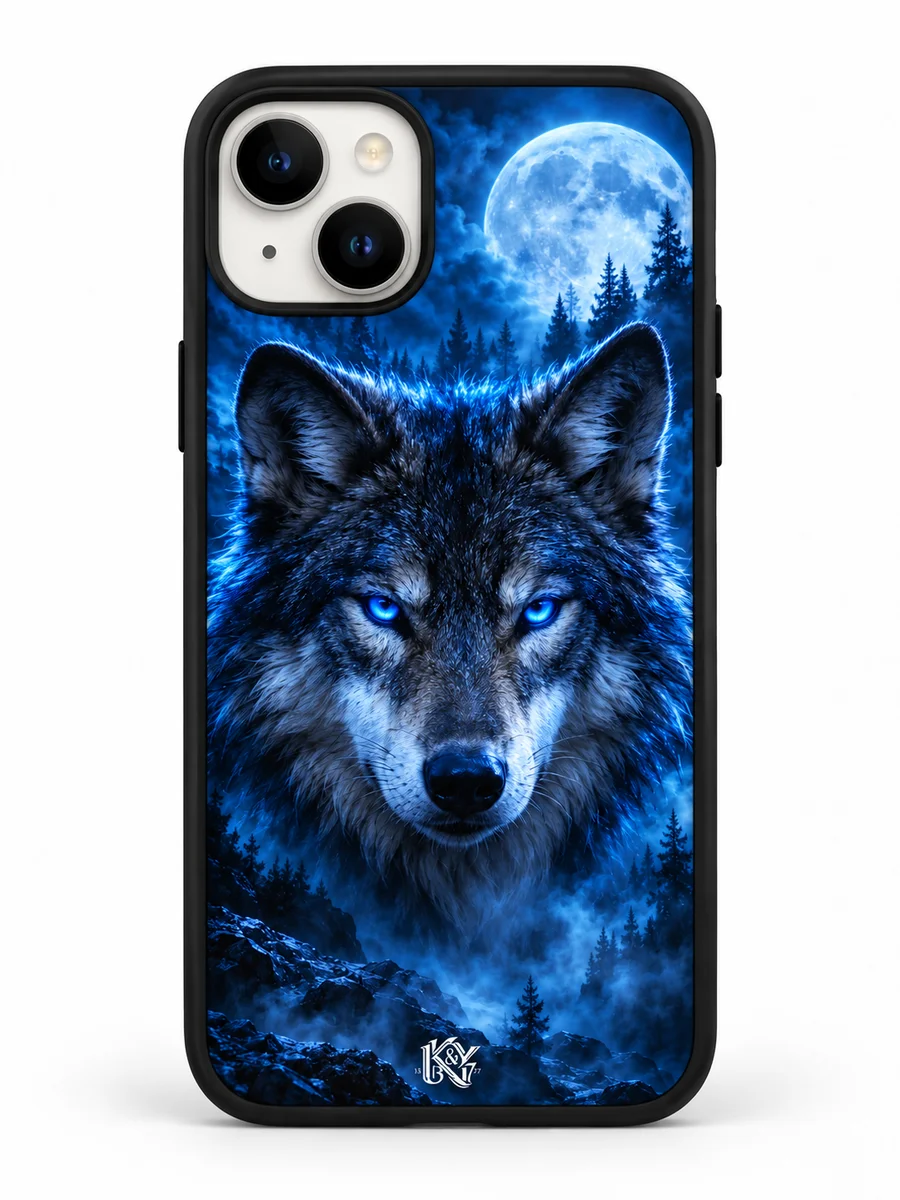 Neon Wolf blue moonlit wolf iPhone matte cover with a tiny K&Y logo — generated design preview