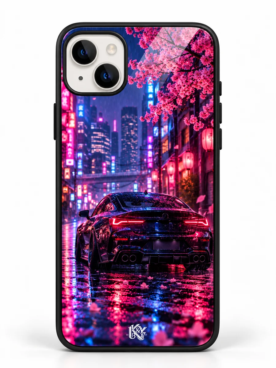 Drift Night neon city and sports-car iPhone glass cover with a tiny K&Y logo — generated design preview