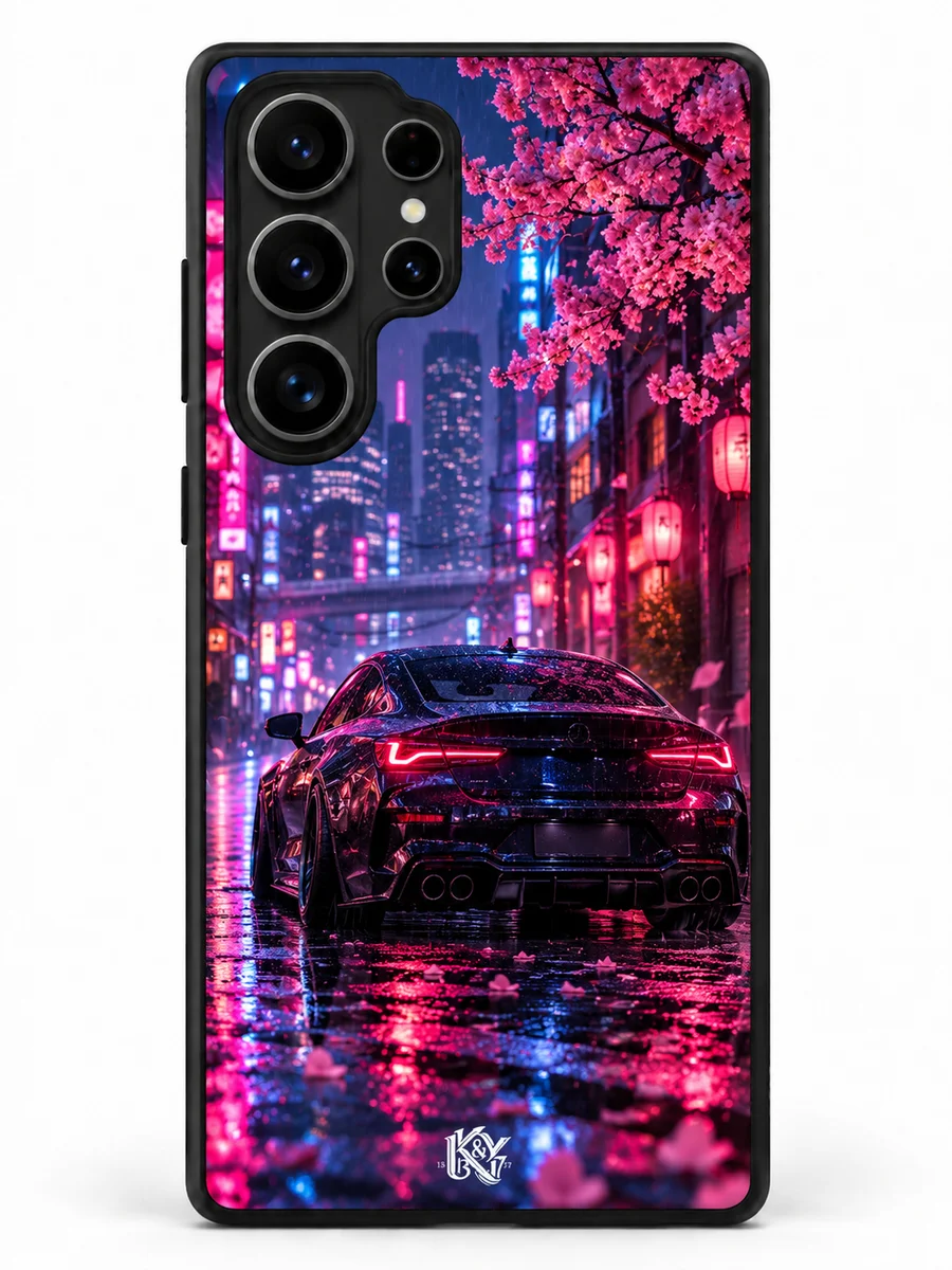 Drift Night neon city and sports-car matte phone cover with a tiny K&Y logo — design preview