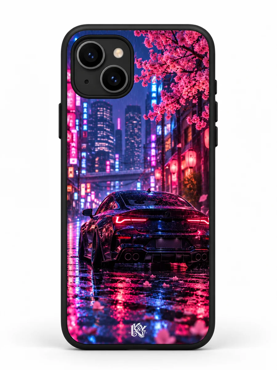 Drift Night neon city and sports-car iPhone matte cover with a tiny K&Y logo — generated design preview