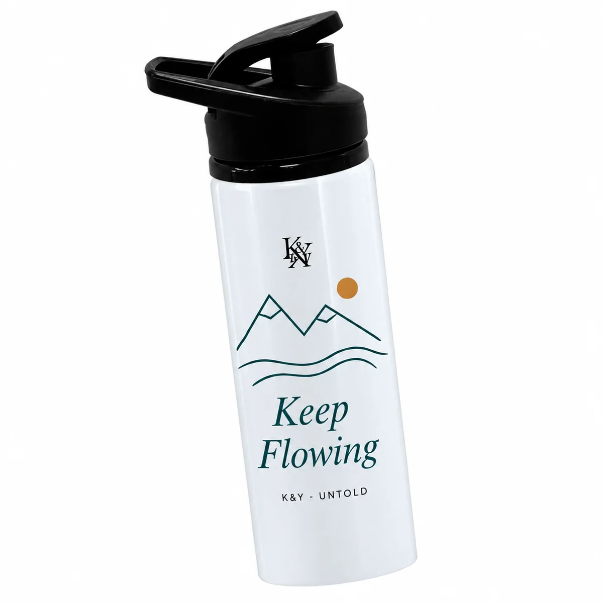 Digital product mockup of a white sipper bottle with a black cap, Keep Flowing in deep teal, mountain and water outlines, a warm sun and a small K&Y monogram, b