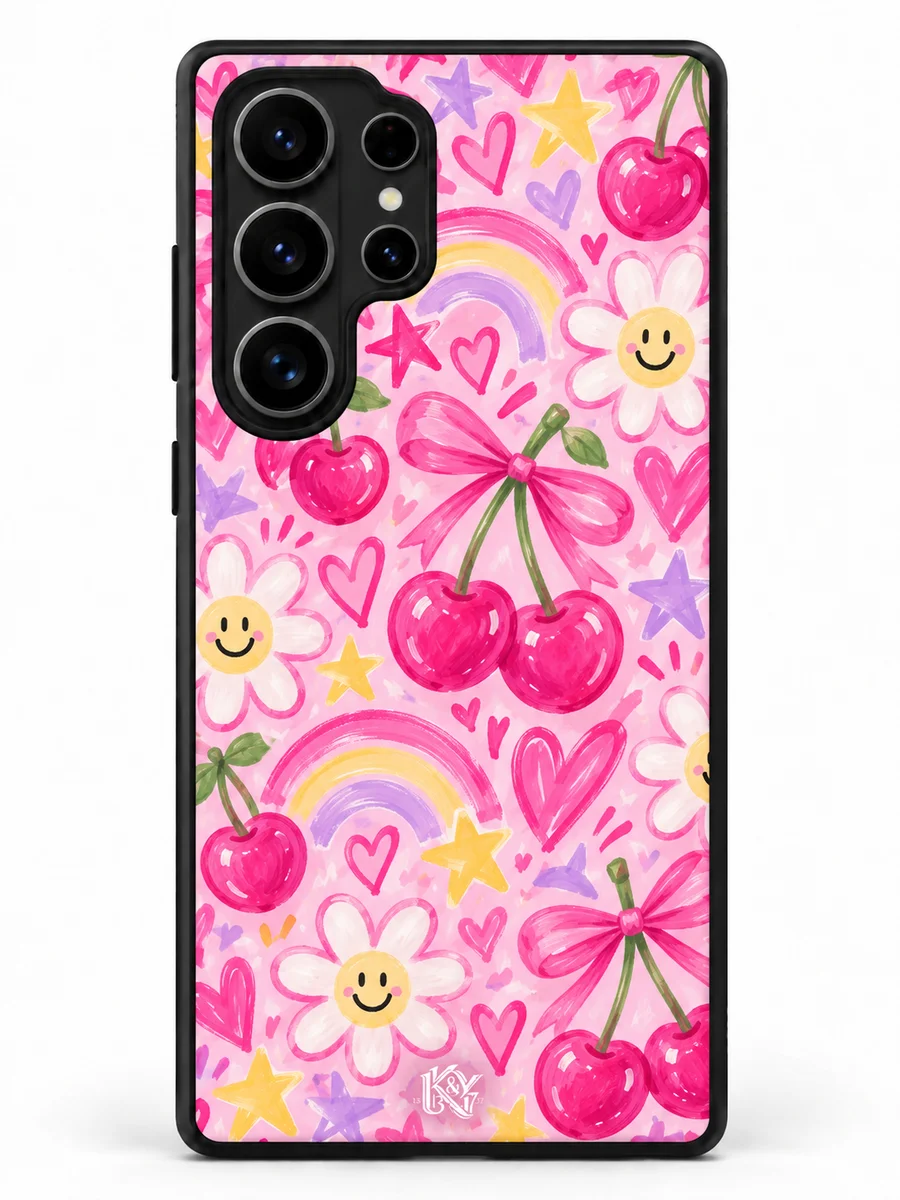 Preppy Pop pink doodle matte phone cover with cherries, smiling flowers and a tiny K&Y logo — design preview