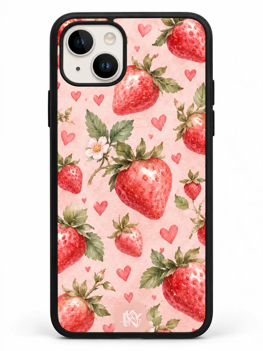 Berry Blush strawberry and heart iPhone matte cover with a tiny K&Y logo — generated design preview