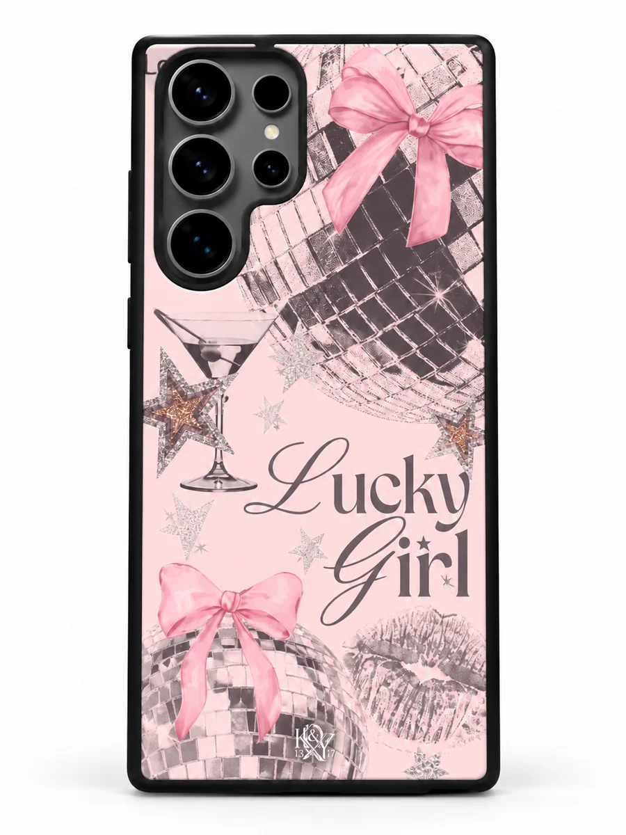 Lucky Girl pink bows and disco-ball collage matte phone cover, tiny K&Y 13&17 branding, design preview