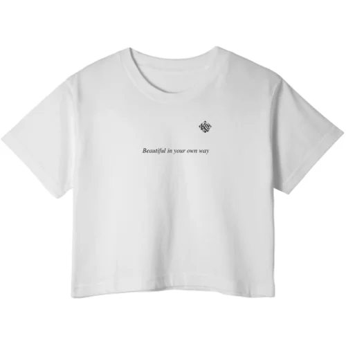 GetPrintX white crop top mockup with Beautiful in your own way across the upper chest and a small black K&Y 194 monogram.