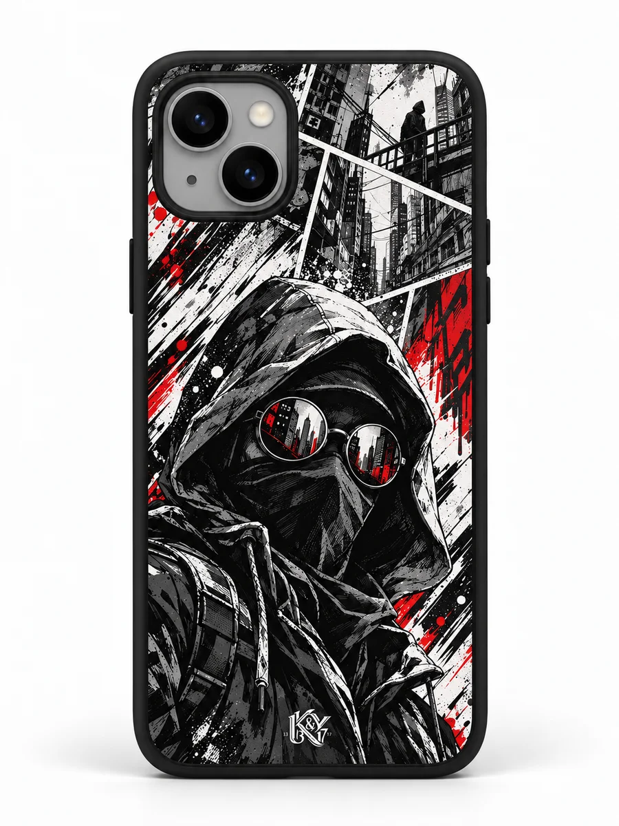 Shadow Comic monochrome street-comic iPhone matte cover with a tiny K&Y logo — generated design preview