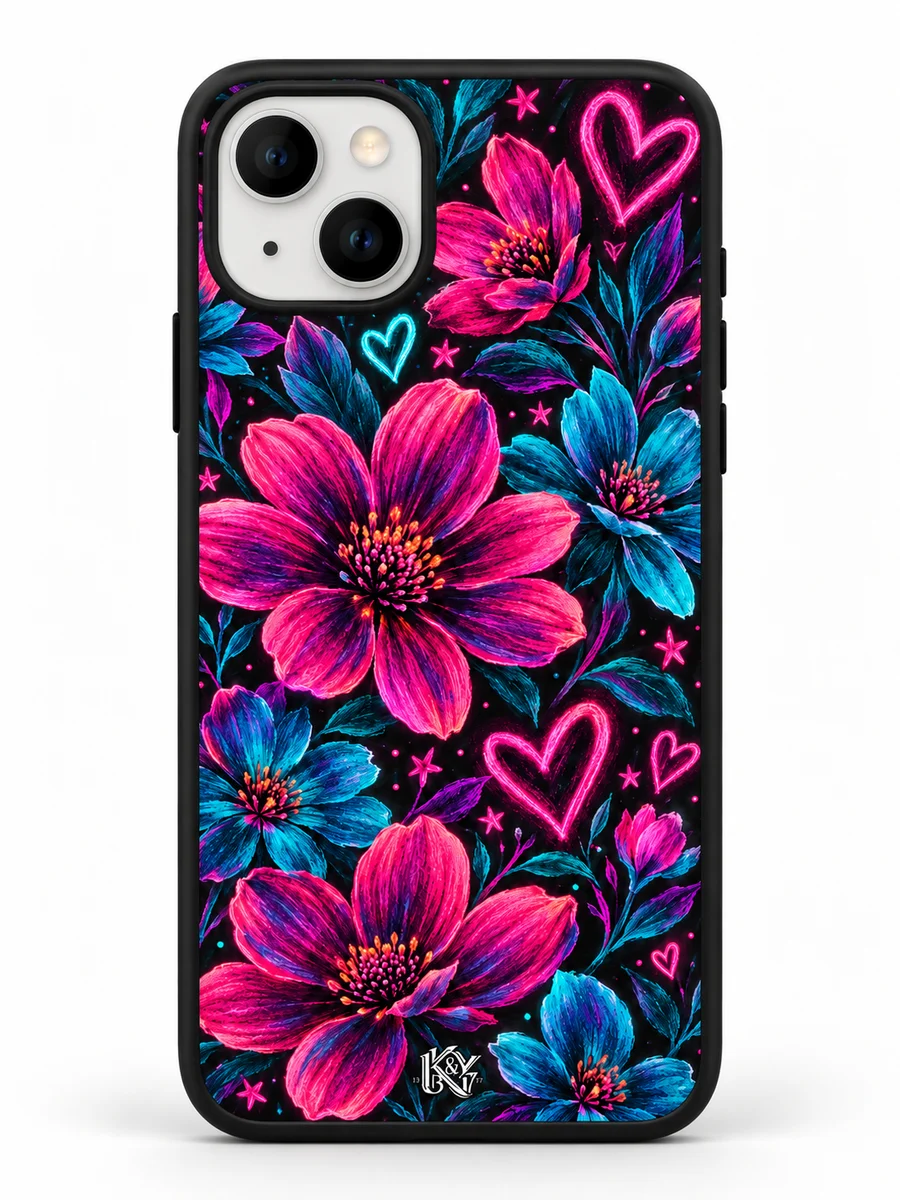 Neon Bloom magenta and turquoise floral iPhone matte cover with a tiny K&Y logo — generated design preview