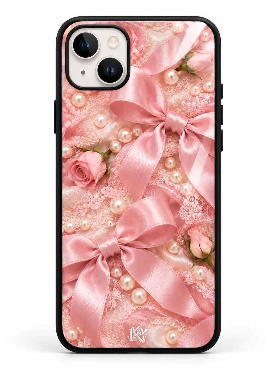 Bow Muse pink satin bows, pearls and lace iPhone glass cover with a tiny K&Y logo — generated design preview