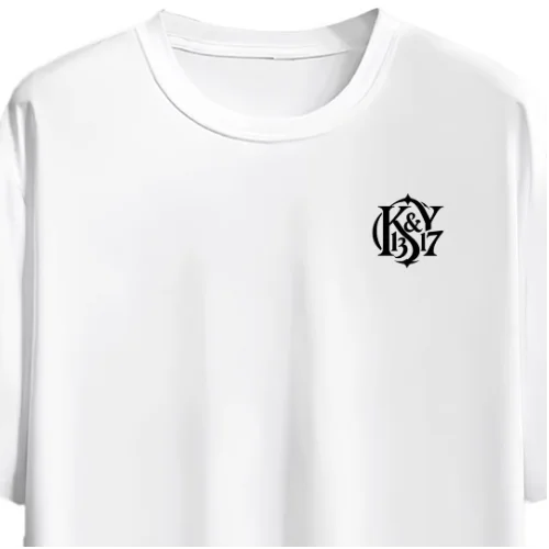 GetPrintX white oversized tee preview with the small black K&Y 13&17 chest monogram, design 123.