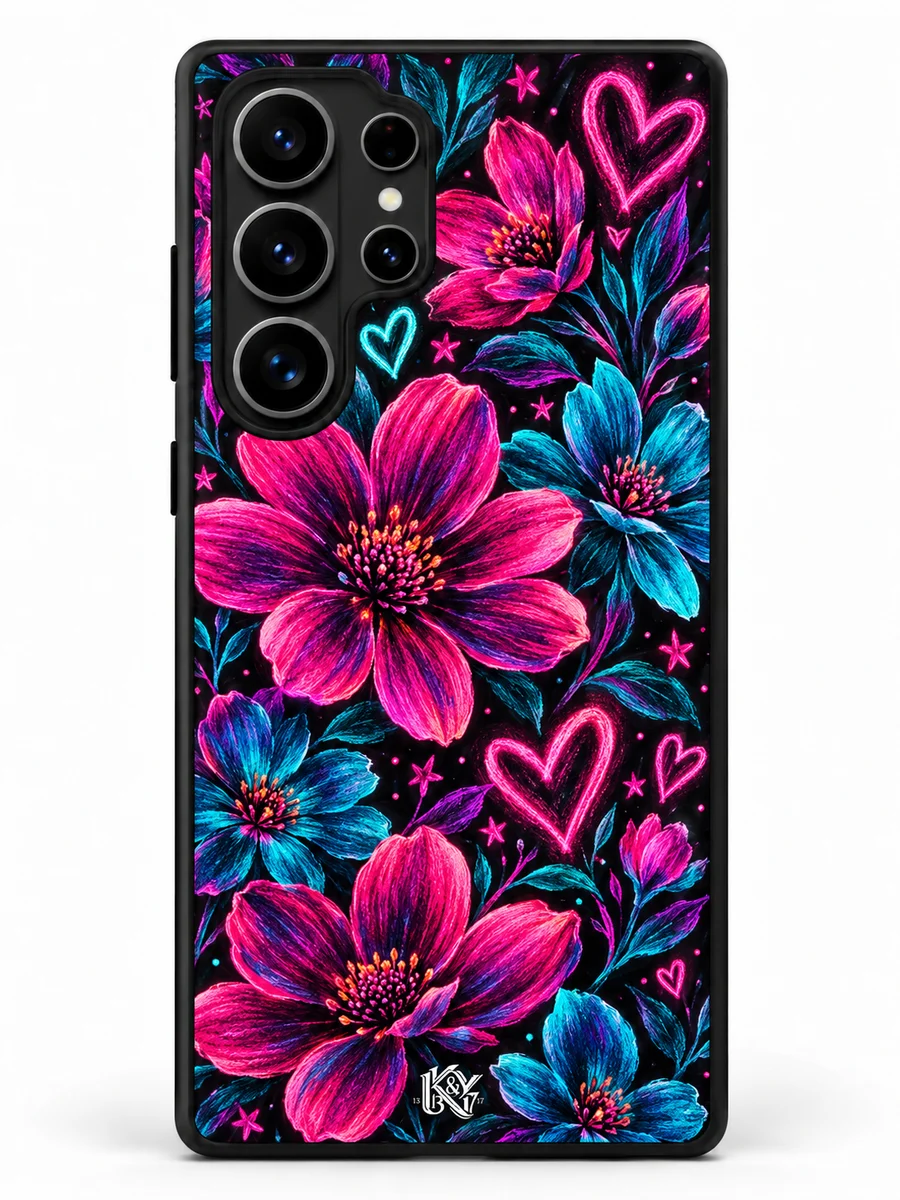 Neon Bloom magenta and turquoise flowers on black matte phone cover with a tiny K&Y logo — design preview