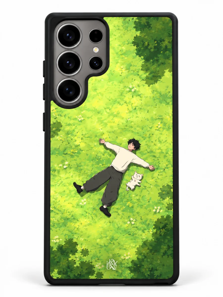 Green Daydream anime meadow matte phone-cover design preview with a small K&Y 13&17 logo