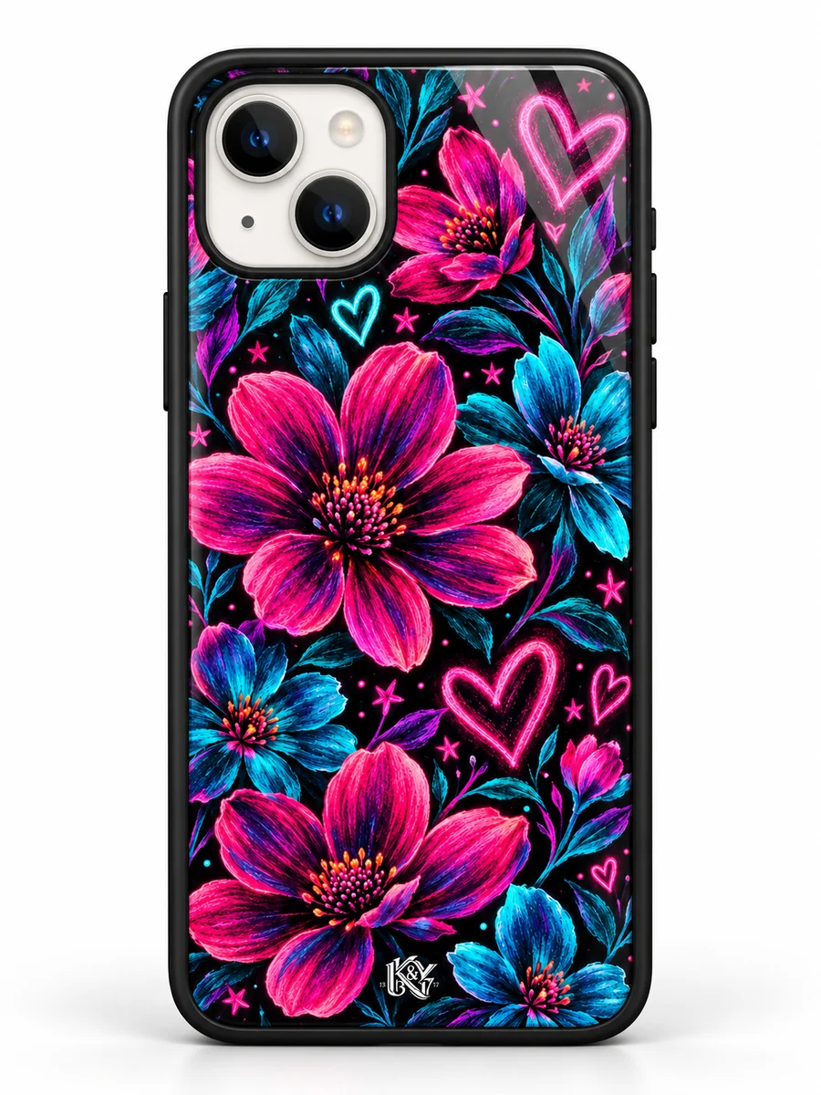 Neon Bloom magenta and turquoise floral iPhone glass cover with a tiny K&Y logo — generated design preview
