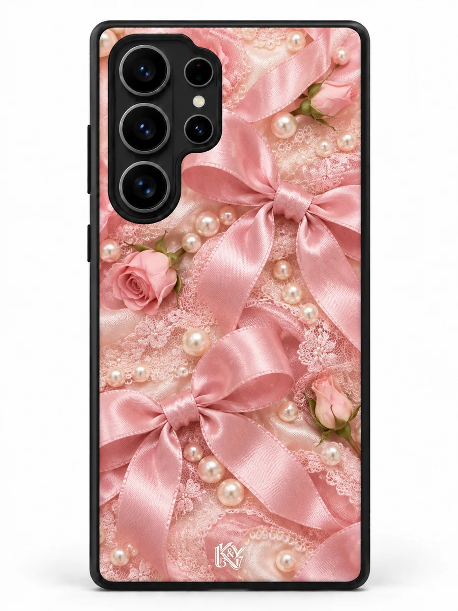 Bow Muse pink satin bows, lace and pearls matte phone cover with a tiny K&Y logo — design preview