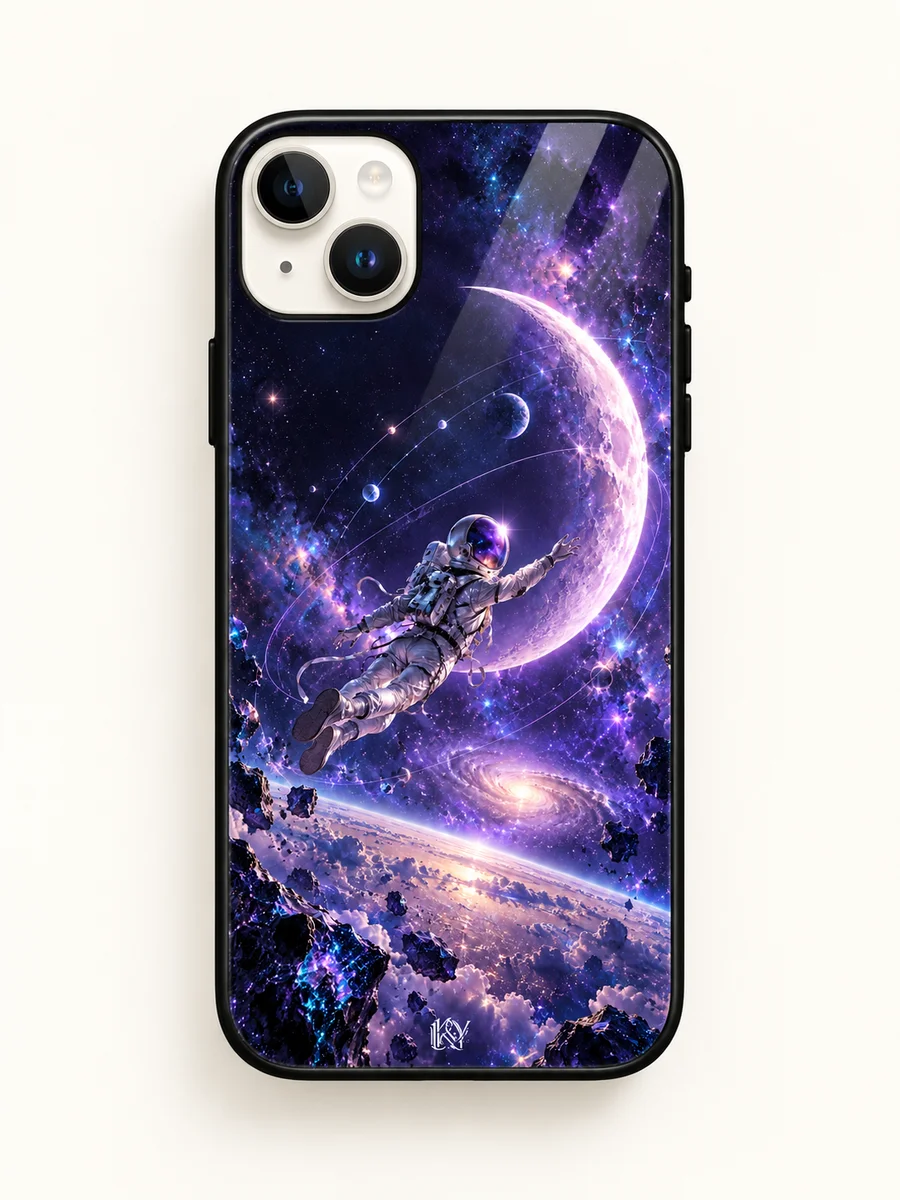 Moonlab purple astronaut and crescent-moon glass iPhone cover mockup with a tiny K&Y logo