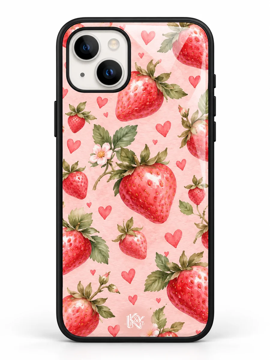 Berry Blush strawberry and heart iPhone glass cover with a tiny K&Y logo — generated design preview