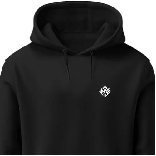 GetPrintX design preview: black unisex hoodie with a small white K&Y 13&17 diamond monogram, design 158.
