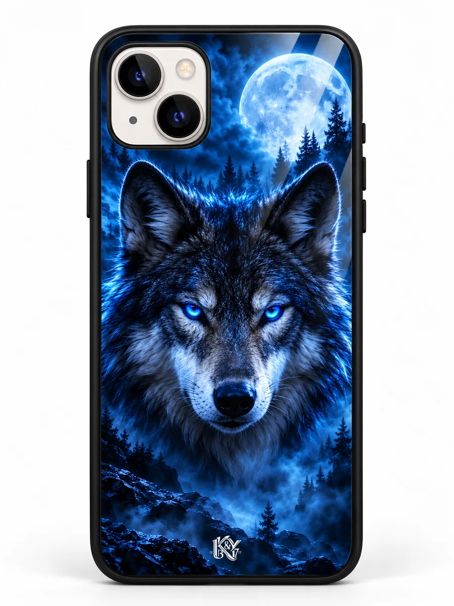 Neon Wolf blue moonlit wolf iPhone glass cover with a tiny K&Y logo — generated design preview