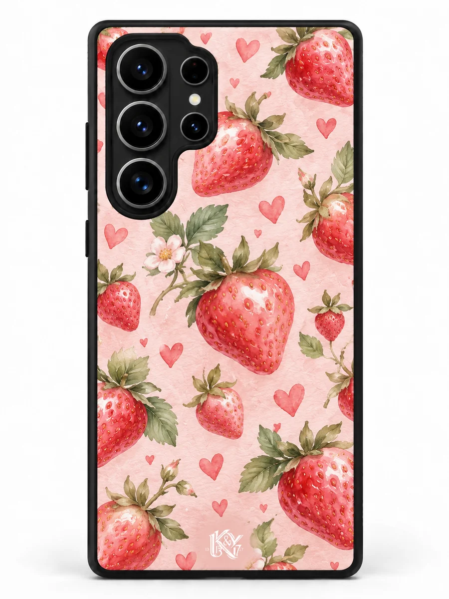 Berry Blush strawberry and heart matte phone cover with a tiny K&Y logo — design preview