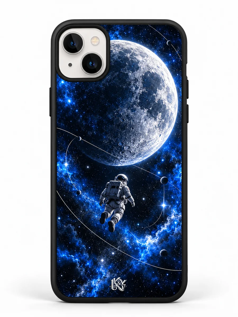 Lunar Drift moon and astronaut iPhone matte cover with a tiny K&Y logo — generated design preview