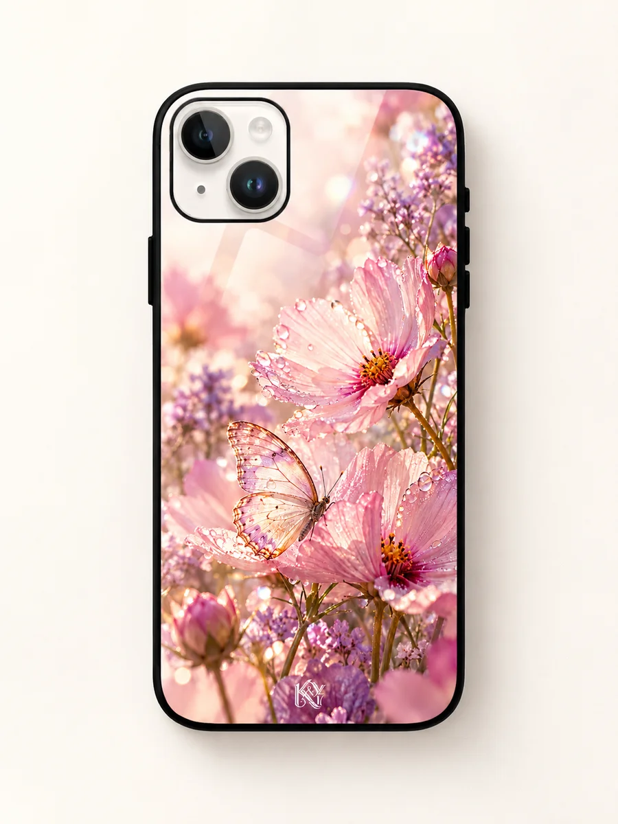 Blush Reverie pink flowers and butterfly glass iPhone cover mockup with a tiny K&Y logo