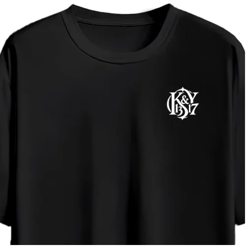 GetPrintX black oversized tee preview with the small white K&Y 13&17 chest monogram, design 123.