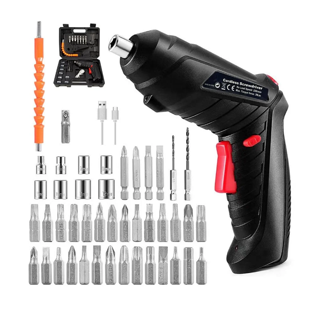 47-in-1 Cordless Electric Screwdriver & Drill Tool Kit With In-built LED Light | USB Rechargeable DIY Repair Set with Bits, Sockets, Drill Bits & Storage Case