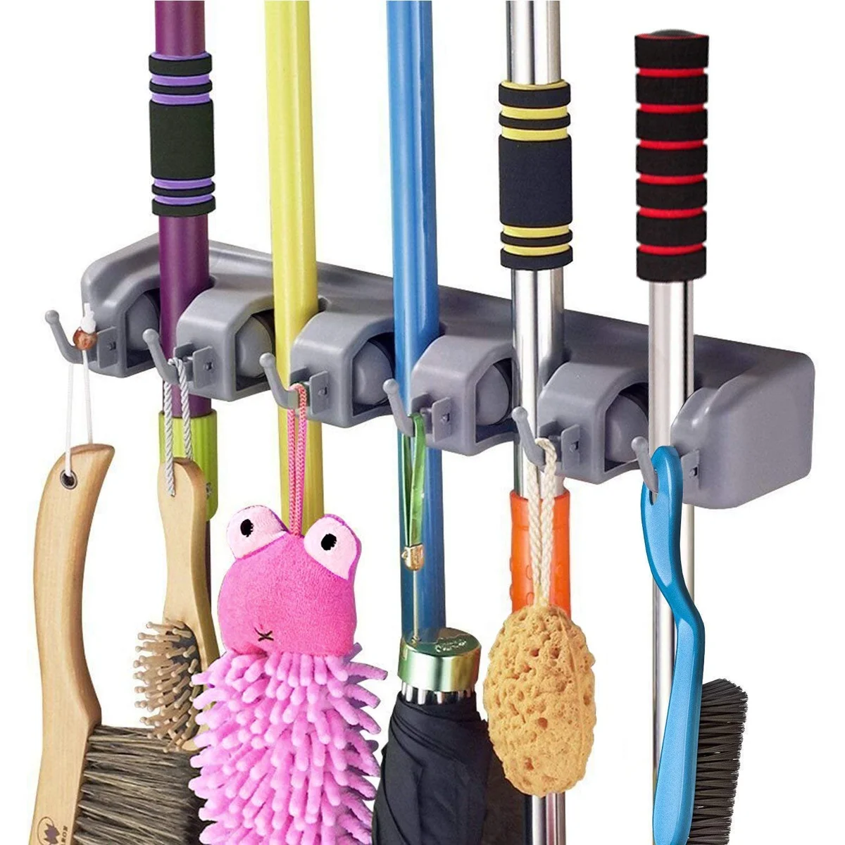Broom Holder Wall Mounted | Heavy-Duty Mop and Broom Organizer with 5 Grip Slots & 6 Foldable Hooks | Space-Saving Cleaning Tool Storage Rack for Garage, Kitchen, Bathroom & Garden (Pack of 1)
