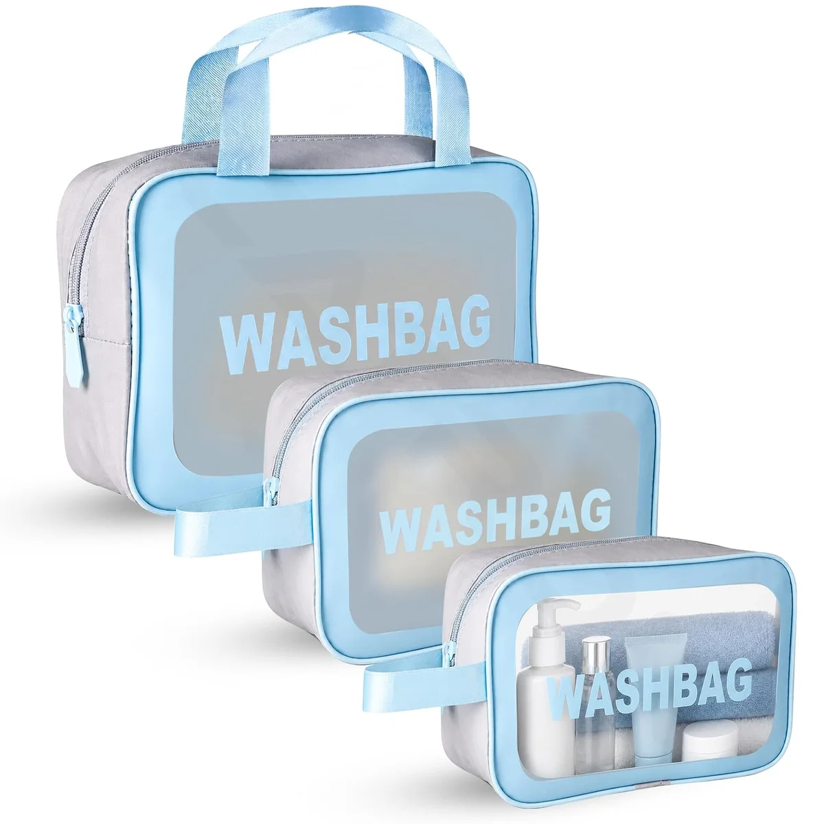 Portable Clear PVC Multifunctional Cosmetic Bag Set | Water-Resistant Travel Makeup Organizer with Hand Strap & Suitcase Sleeve | 3-Piece Wash Bag Set for Women & Travel (Pack of 3Pcs, Random Color))
