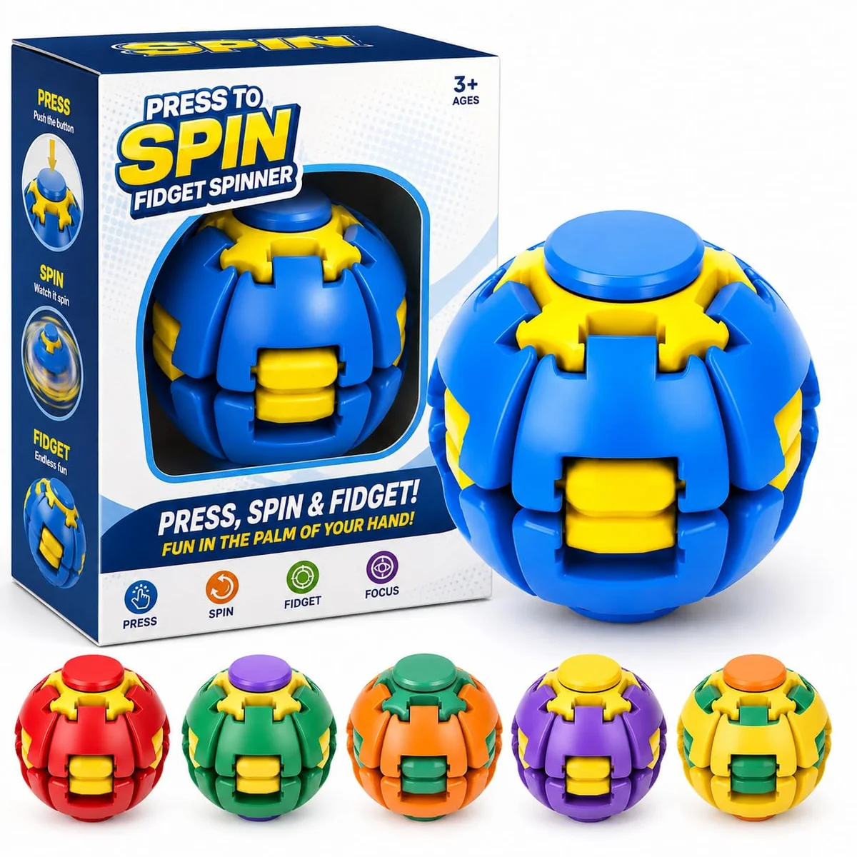 Press to Spin Transforming Fidget Ball Toy for Kids | 360° Rotating Spinner Ball | Stress Relief Sensory Toy | Fun Interactive Handheld Toy (Pack of 1, Random Color)