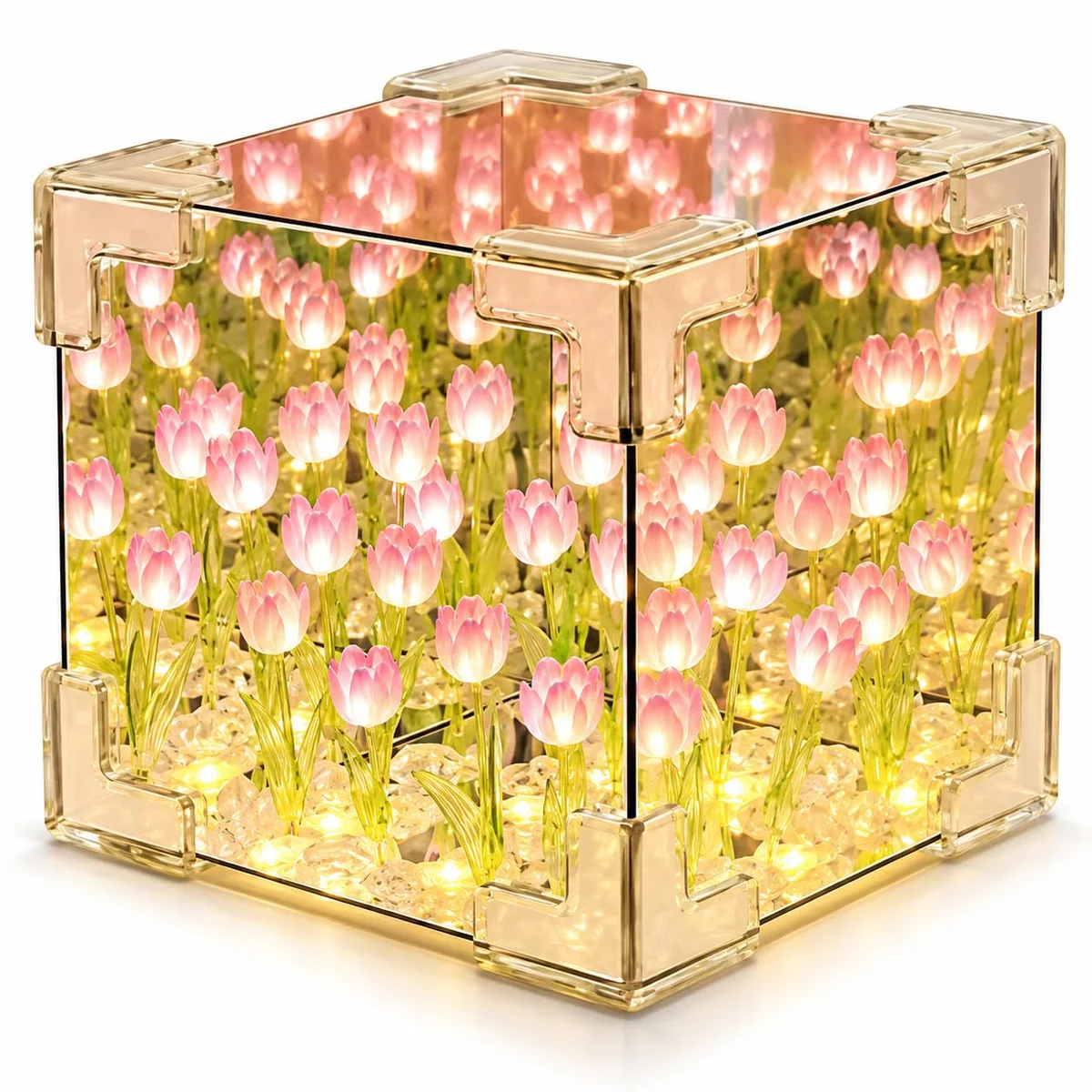 DIY Tulip Lamp Mirror Cube with 20 Flowers & LED | 2-in-1 Infinite Mirror & Decorative Table Lamp | Handmade Floral LED Light for Bedroom, Living Room & Home Decor (Pack of 1, Multicolor)