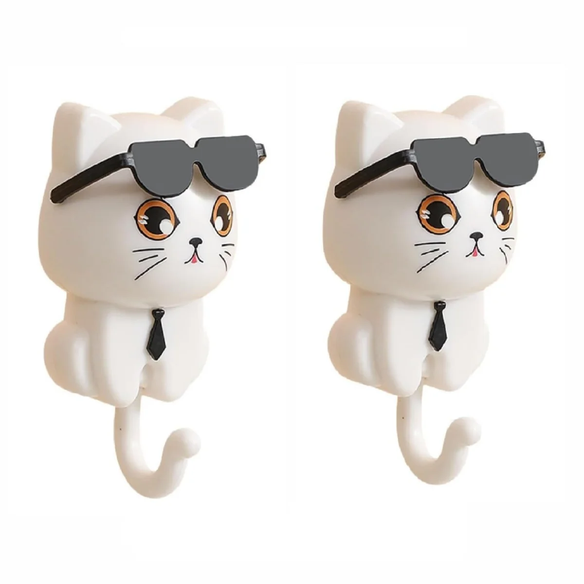 Cool Cat Wall Hooks | Adhesive Cut Wall Hook for Keys, Caps & Lightweight Accessories | Sunglasses Cat Design – No Drill (Pack of 2, Random Colour)