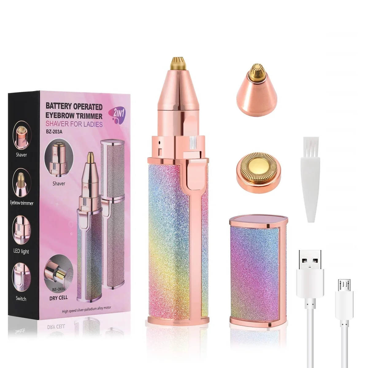 2-in-1 USB Rechargeable Electric Eyebrow & Facial Hair Trimmer for Women | Precision Eyebrow Shaper with Built-in LED Light & Painless Facial Epilator for Upper Lip, Chin, Nose & Body Hair (Pack of 1)