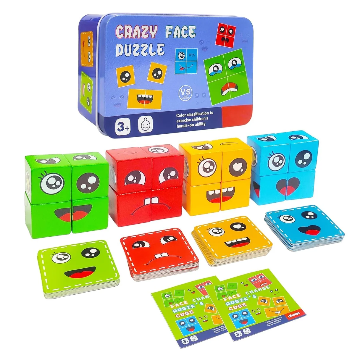 Wooden Face Matching Puzzle Game for Kids 3+ Years | Crazy Face Changing Cube Brain Teaser with 16 Expression Blocks, 72 Challenge Cards & Metal Storage Box | Educational Learning Toy (1 Box)