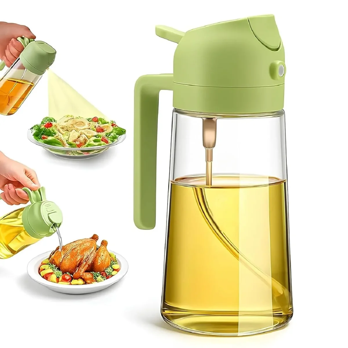 Oil Spray Bottle for Cooking – 500ml 2-in-1 Glass Oil Dispenser & Sprayer for Kitchen, Air Fryer, Roasting, and Frying, Food-Grade Leakproof Oil Mister (Pack of 1)