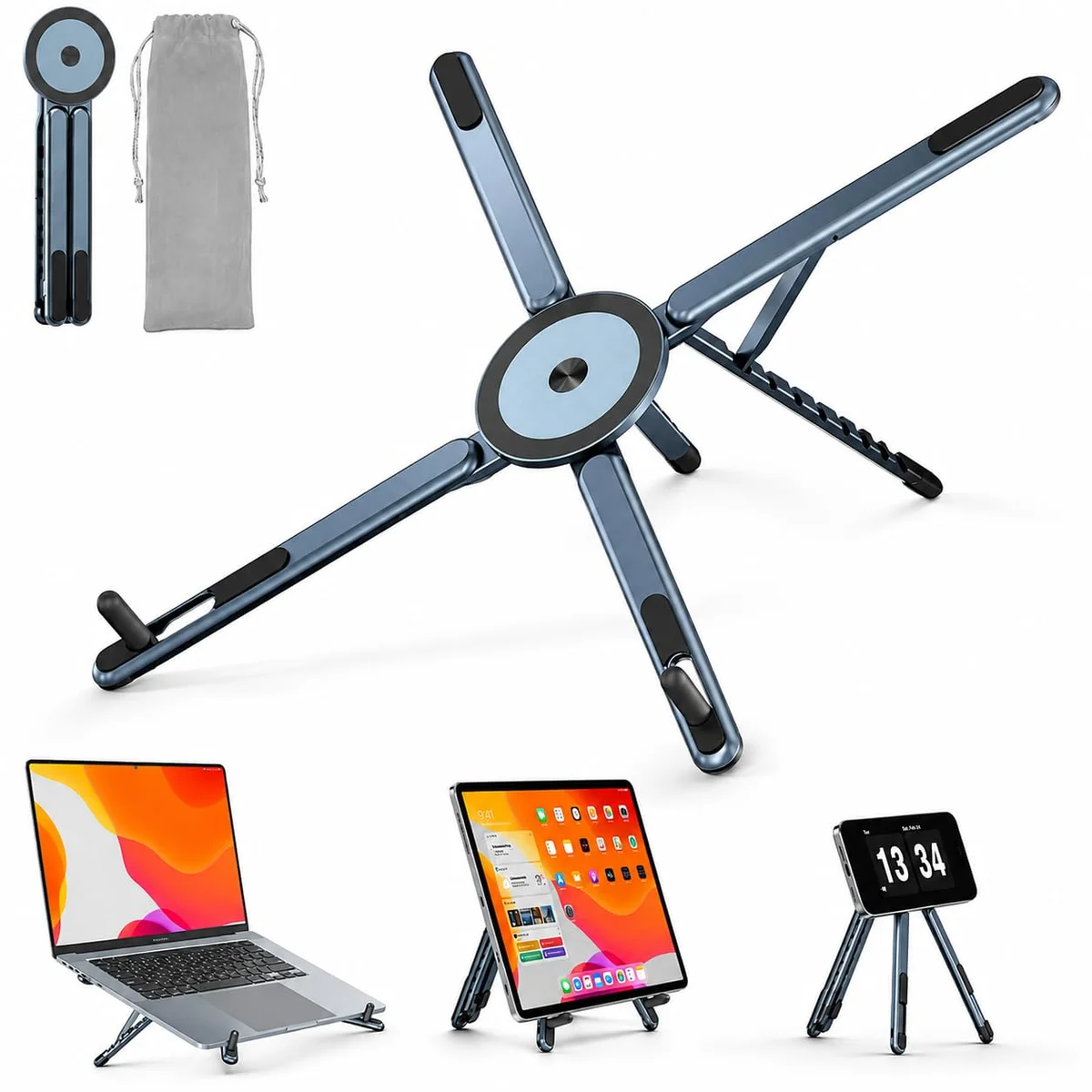 4-in-1 Foldable Magnetic Stand for Laptop, Mobile & Tablet | Adjustable Multi-Device Holder with 360ยฐ Rotation | Portable Phone Stand & Selfie Grip | Premium Metal Build Travel (Pack of 1)