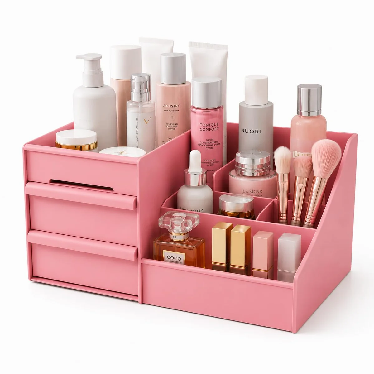 Multi-Compartment Makeup & Cosmetic Organizer with 3 Drawers | Large-Capacity Skincare, Beauty & Vanity Storage Box (Pack of 1, Random Color)