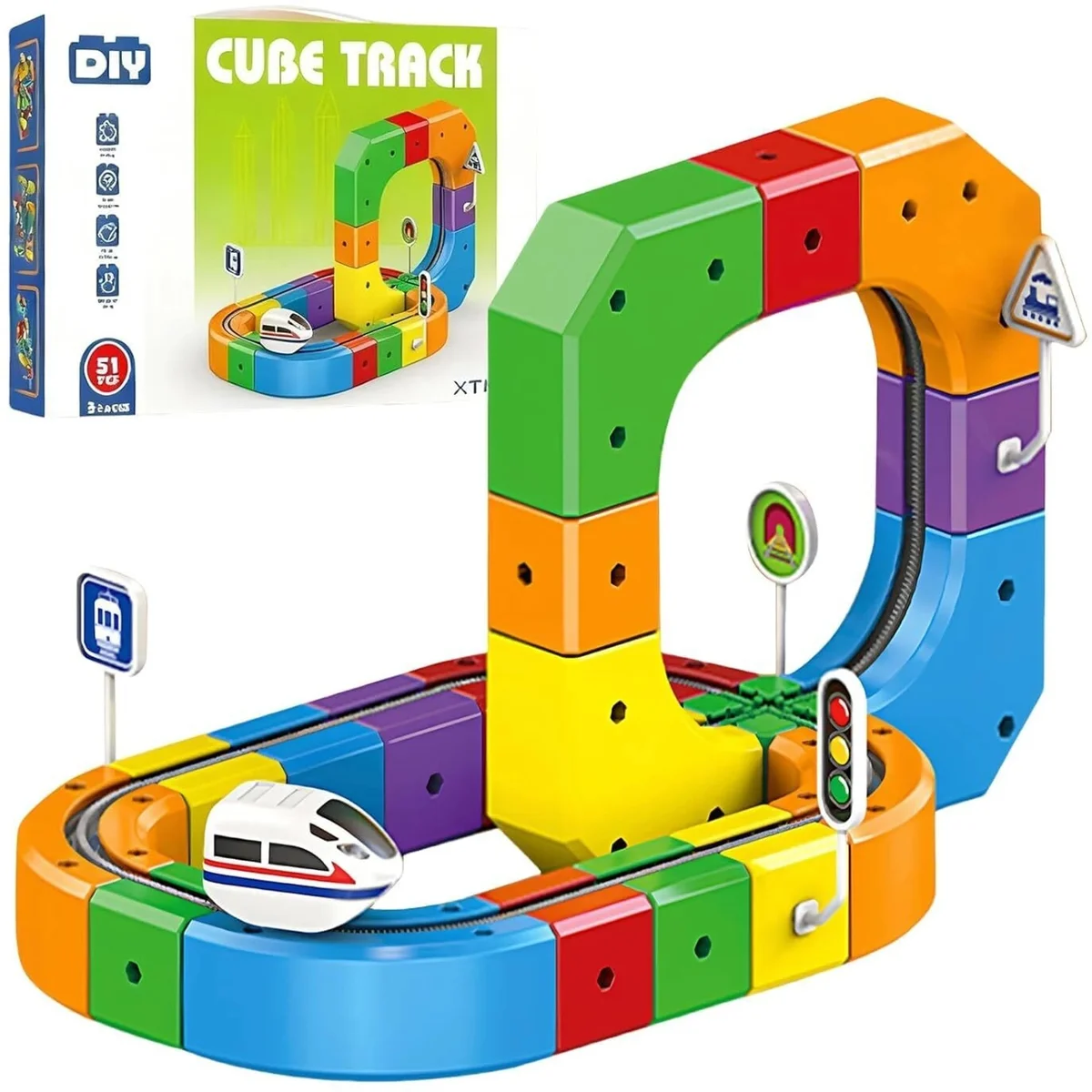 Magic Track Cube 51 Pcs DIY Building Blocks Set with Train | Creative Construction Track Toy for Kids | Educational STEM Learning Toy | 3+ Years (Pack of 1, 51 Pcs)
