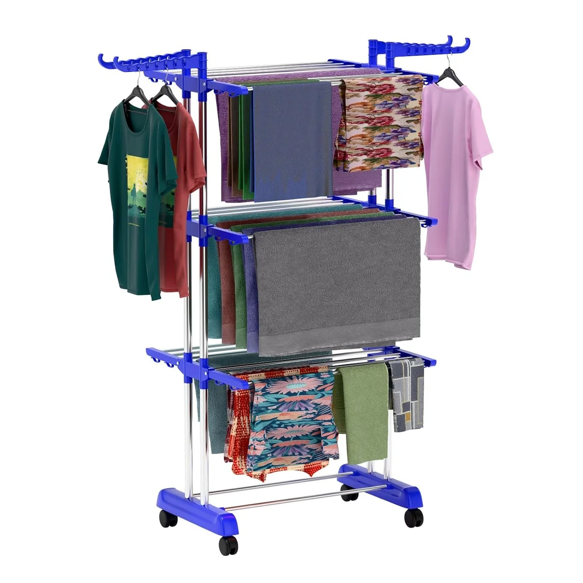 3 Tier Foldable Clothes Drying Rack with 4 Wheels (Pack of 1)
