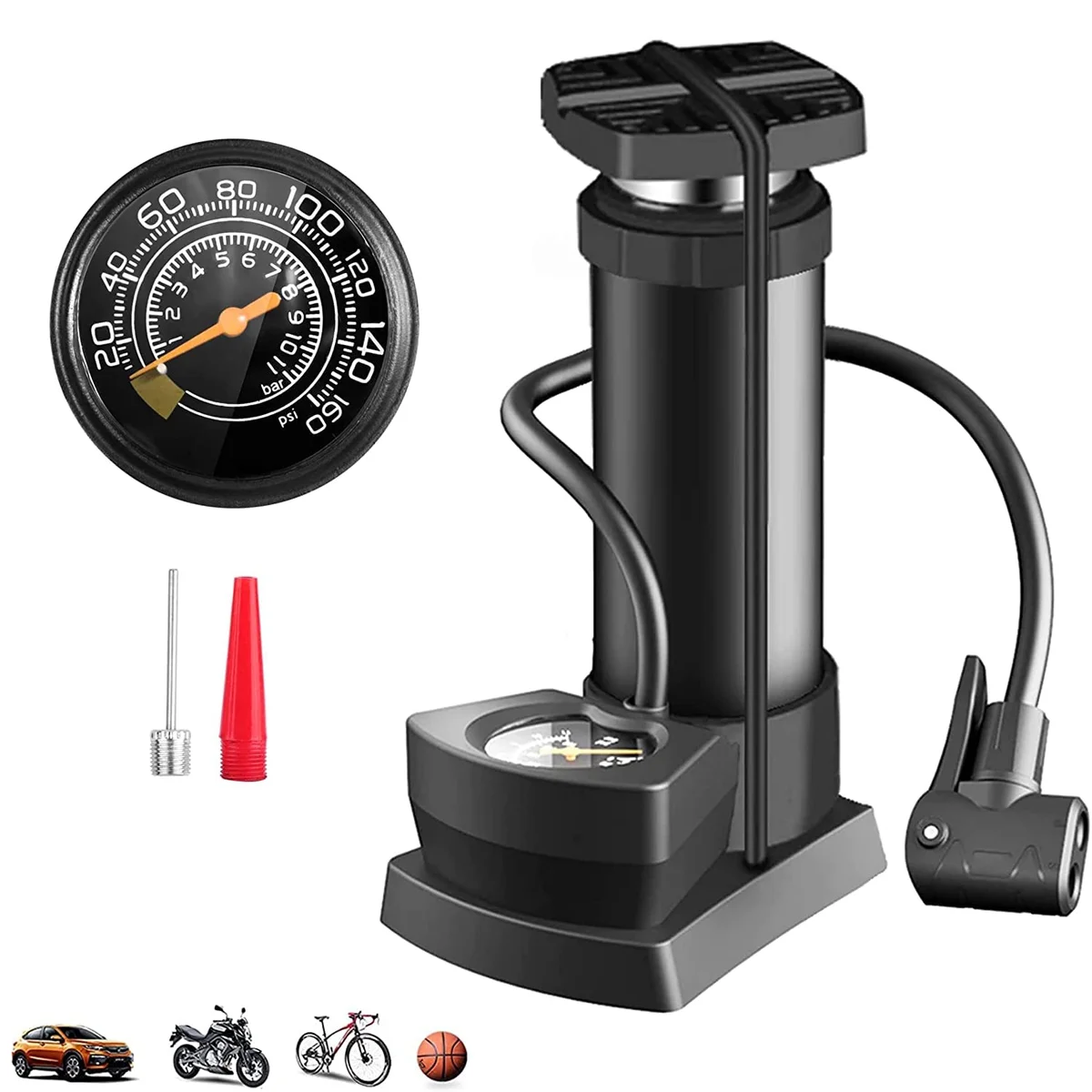 Portable High-Pressure Foot Air Tire Pump with Pressure Gauge For Bicycle & Bike | Presta & Schrader Valve Compatible | Anti-Slip Pedal, Foldable Design | For MTB, Road, Hybrid & Kids Bikes (Box of 1)