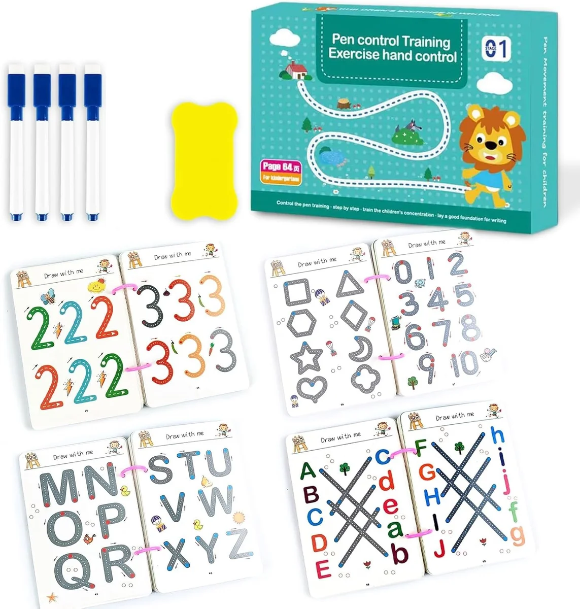 Reusable Tracing & Writing Practice Workbook for Kids Ages 3–5 | Double-Sided Preschool Learning Book with Erasable Pens | Alphabet, Numbers, Shapes, Addition & Subtraction (Pack of 1)