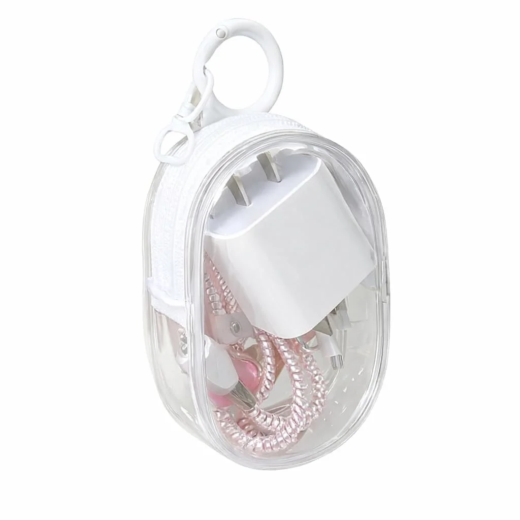 Transparent Cable Organizer Case with Carabiner Clip | Zipper Storage Pouch for Mobile Charger, USB Cables, Earphones & Electronic Accessories (Pack of 1)