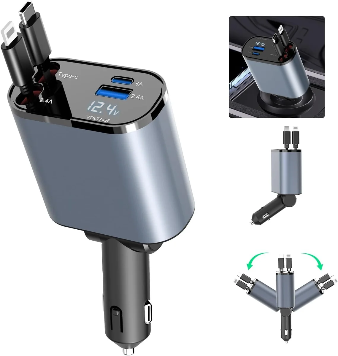 120W 4-in-1 Retractable Car Charger Type-C & Lightning Cables | Super Fast Charging Car Adapter | 180° Adjustable Design | Multi-Device Charger for Smartphones, Tablets, Laptops & More (Pack of 1)