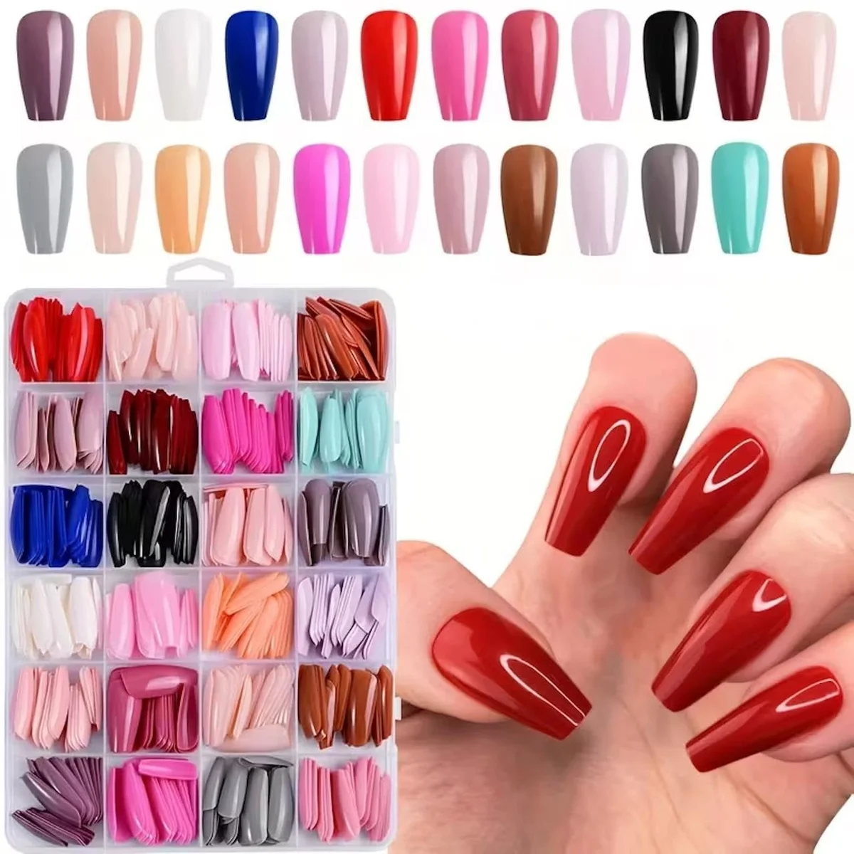 576 Pcs Press-On Nail Tips Set – 24 Colours Glossy Full-Cover Artificial Nails with Assorted Sizes for DIY Manicure & Nail Art (Pack of 1)