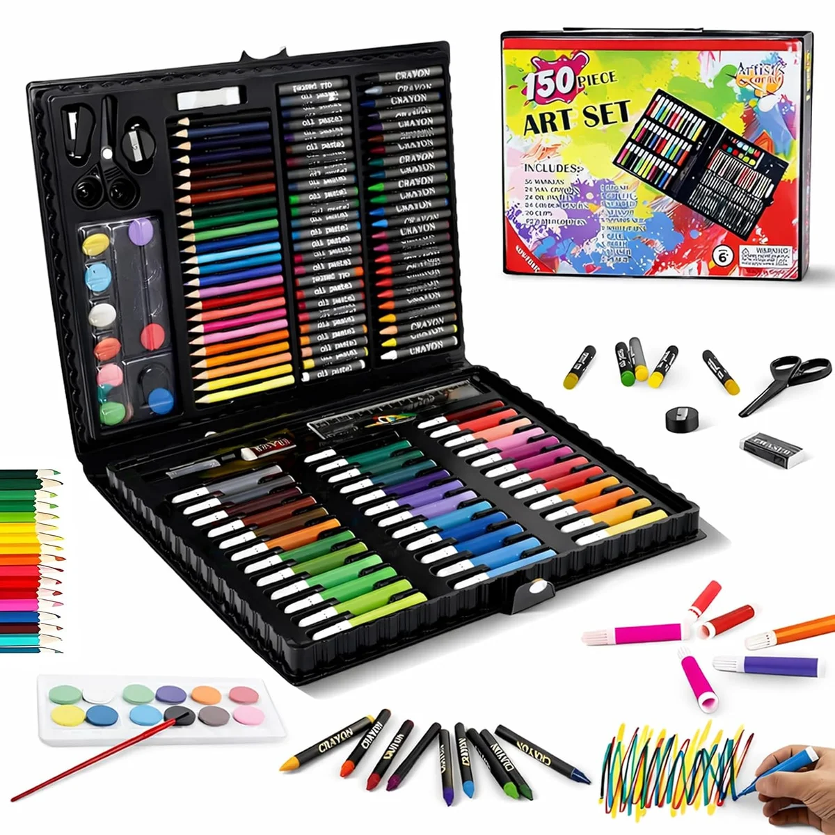 150-Piece Art & Craft Colour Set for Kids | Complete Drawing & Painting Kit with Markers, Crayons, Oil Pastels, Colour Pencils, Watercolours & Portable Storage Case (Pack of 1)