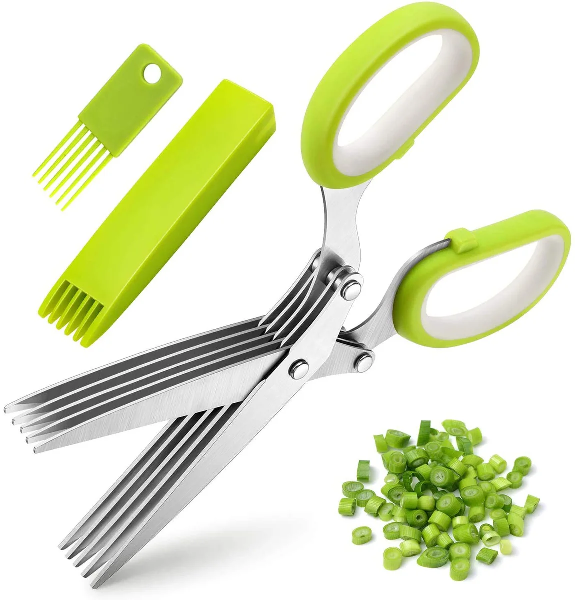 5-Blade Herb Scissors with Cleaning Comb & Protective Cover | Stainless Steel Kitchen Herb Cutter for Chives, Parsley, Coriander & Green Onions (Pack of 1)