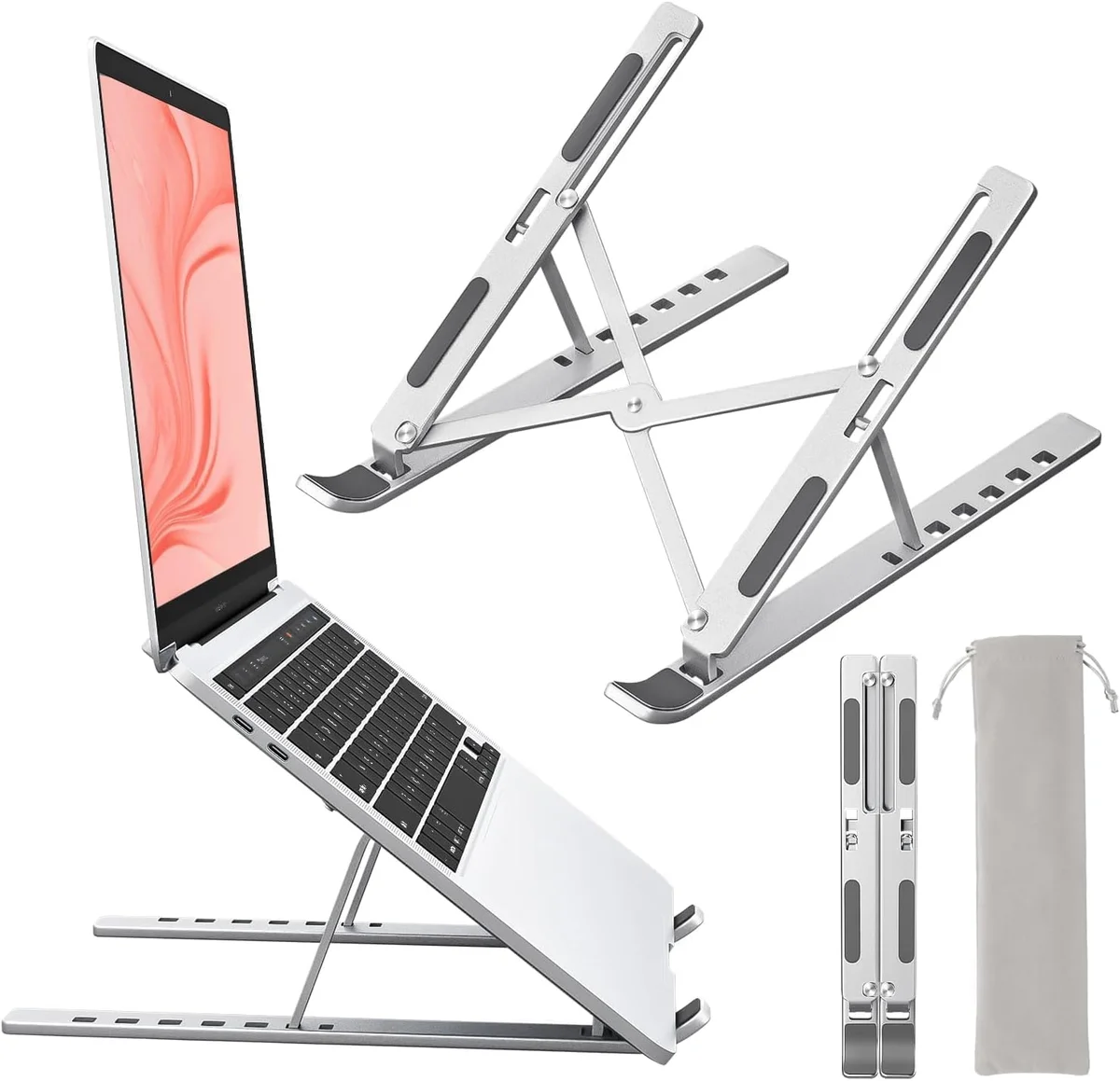 Portable Foldable Aluminum Laptop Stand – 7-Level Adjustable Ergonomic Laptop Holder with Anti-Slip Silicone Pads | Ventilated Design & Carry Bag for 10–15.6 Inch Laptops (Pack of 1)