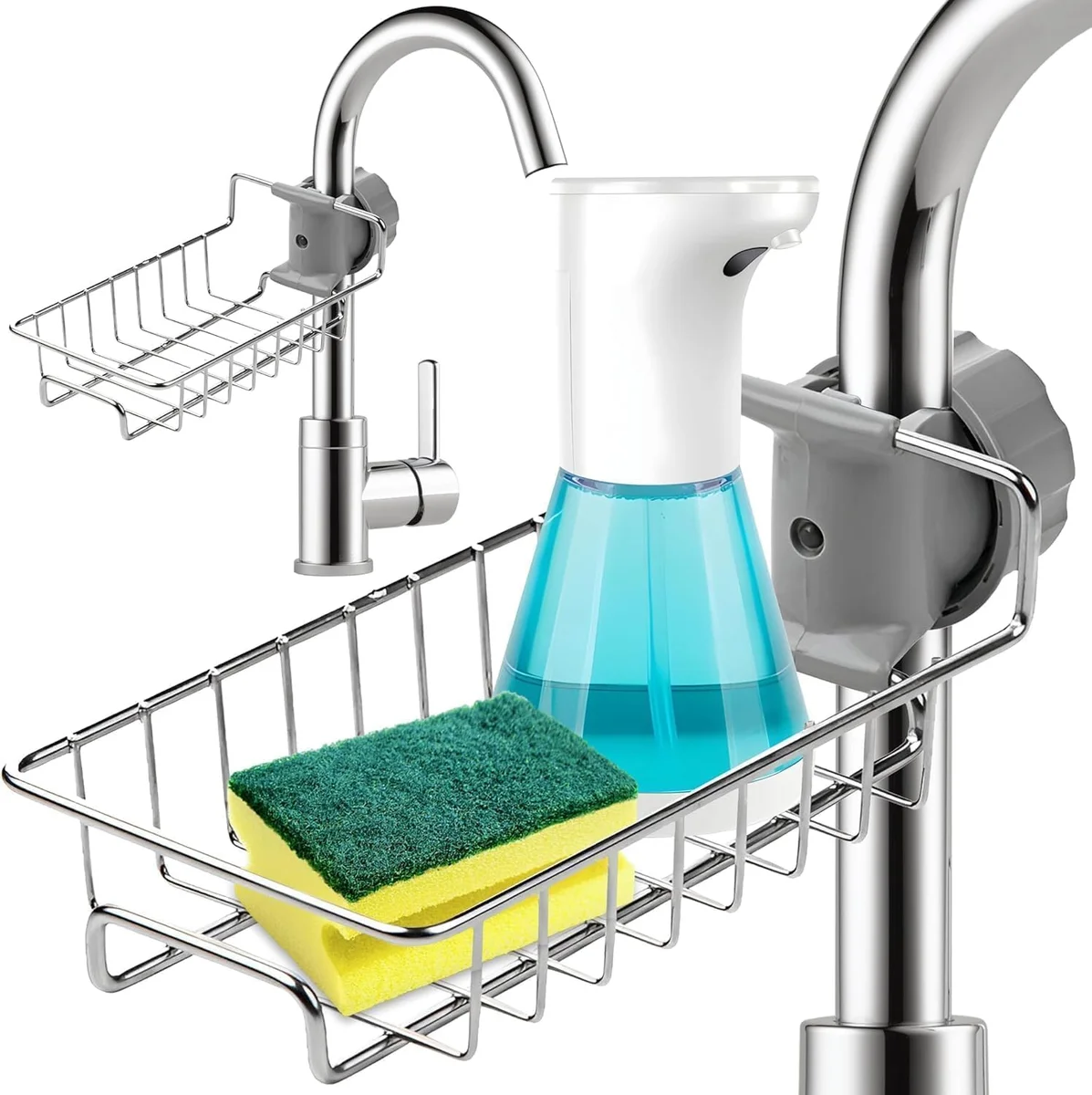 Stainless Steel Kitchen Sink Caddy Organizer | Tap Mount Stainless Steel Sponge, Soap & Dish Brush Holder | No Suction or Drilling Needed (Pack of 1)