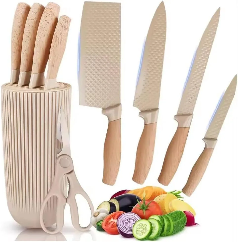6-Piece Stainless Steel Kitchen Knife Set with Ribbed Beige Storage Block | Razor-Sharp Cutting Knives with Ergonomic Wooden Handles | Chef, Bread, Vegetable and Tomato Knives (Pack of 1)