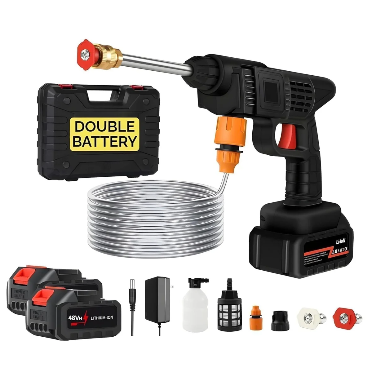 48V Cordless High-Pressure Car Washer with Dual 12000mAh Batteries | Portable Power Washer with Multi-Function Adjustable Nozzle for Cars, Bikes, Patios, Windows & Outdoor Cleaning (Box of 1)