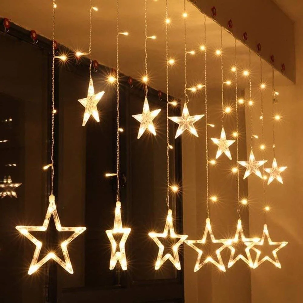 Star Fairy Curtain String Lights 6 big + 6 small Star Lights | 138 LED Warm White Star Lights with 8 Flashing Modes | Decorative Hanging Lights for Festivals & Home